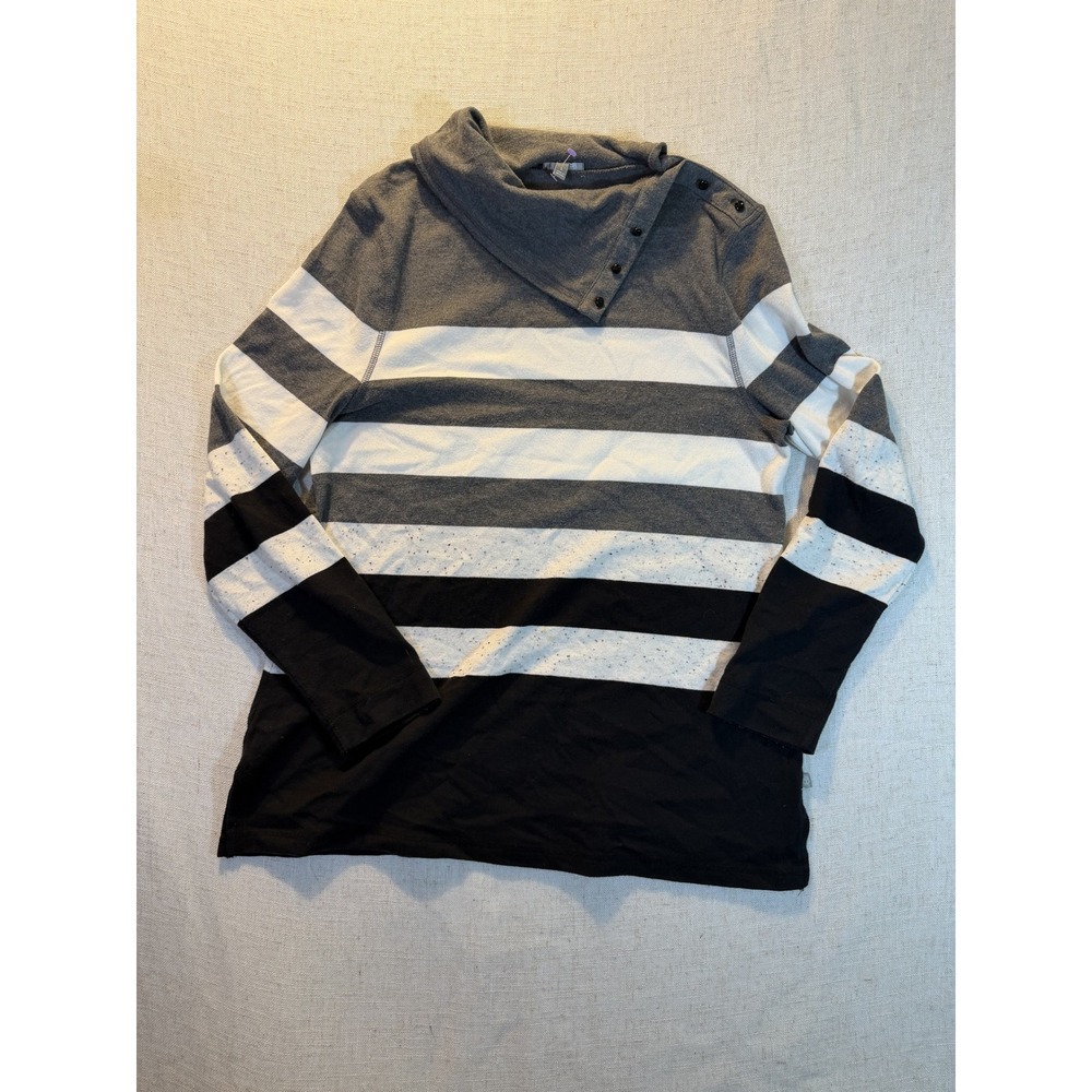 T by Talbots Womens Large Grey White Black Striped Button Cowl Neck Top